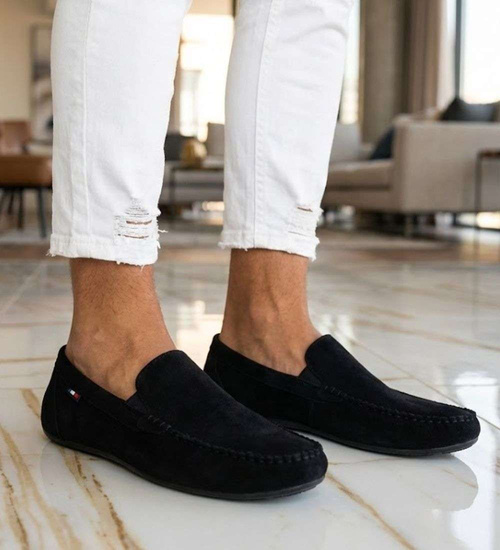 Czarne półbuty męskie zamszowe mokasyny /F6-2 16772 S395/