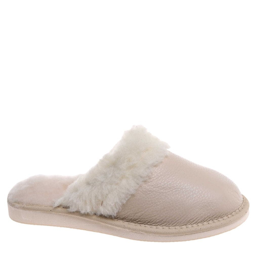 Skórzane beżowe kapcie damskie z wełną /D3-1 18465 S196/