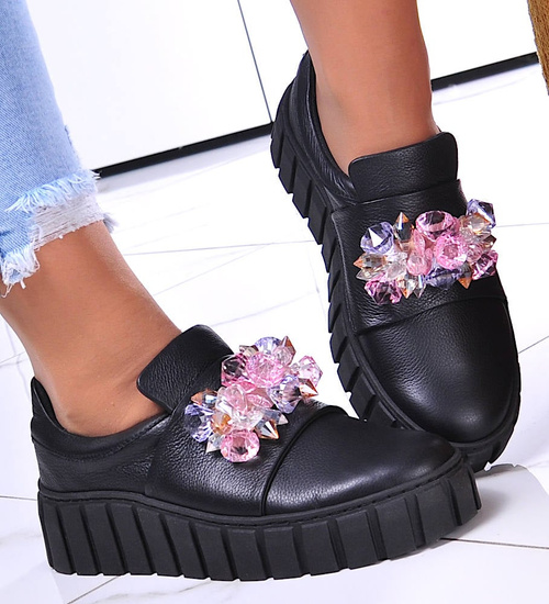 Czarne skórzane damskie trampki creepersy /B5-1 11692 N0200/