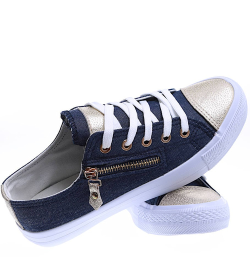 Sznurowane granatowe trampki ze złotymi noskami /F10-3 15805  T133/