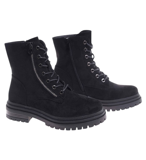Czarne sznurowane botki trapery zamszowe /G8-3 18503 T444/
