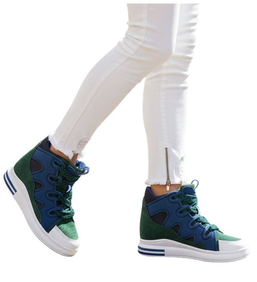 Sznurowane granatowo zielone trampki sneakersy na niskim koturnie /E2-3 15824 D430/