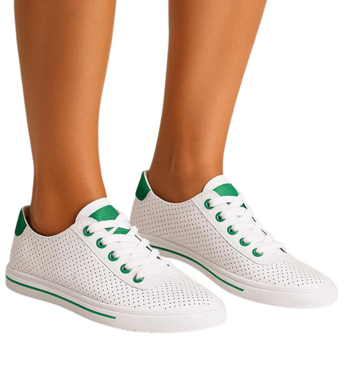 Ażurowe sznurowane biało zielone tenisówki damskie /E9-2 16242 G282/