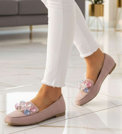 Stylowe balerinki lordsy z kamieniami Khaki /C6-2 14084 T488/