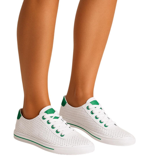 Ażurowe sznurowane biało zielone tenisówki damskie /E9-2 16242 G282/