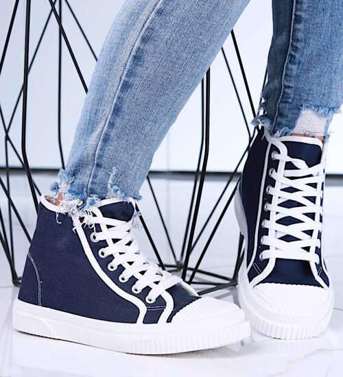 Granatowe wysokie sznurowane trampki damskie /A9-1 15691 T134/