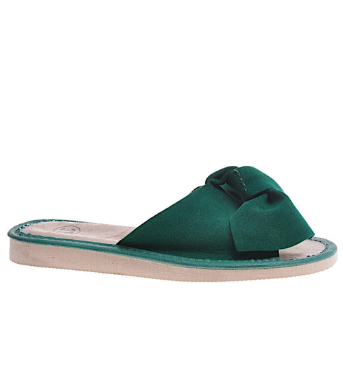 Skórzane domowe klapki z kokardą Zielone /B6-1 10859 S194/