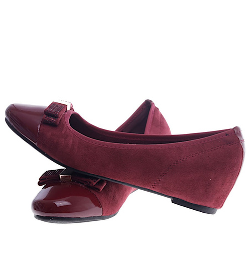 Bordowe czółenka z kokardą na niskim koturnie /F2-2 13213 S197/