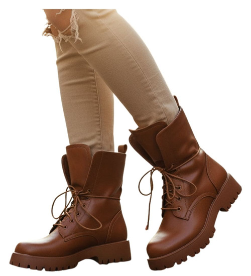 Brązowe wysokie botki trapery wiązane /A6-2 18505 T288/
