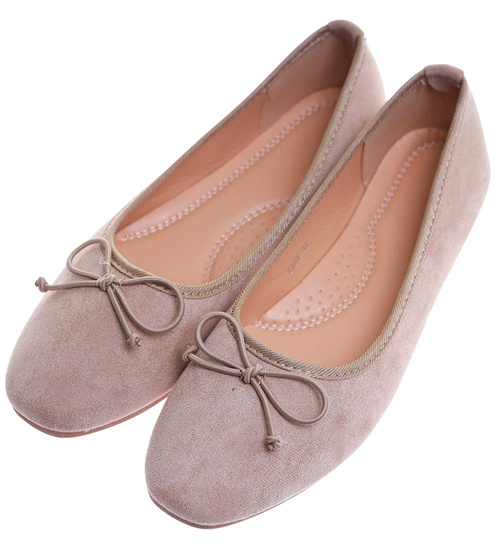 Zamszowe baleriny damskie z kokardą Ciemno beżowe /A9-2 17546 G133/