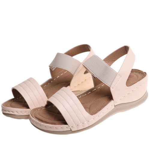 Sandały damskie na niskim koturnie Beżowe /F1-1 17871 T231/