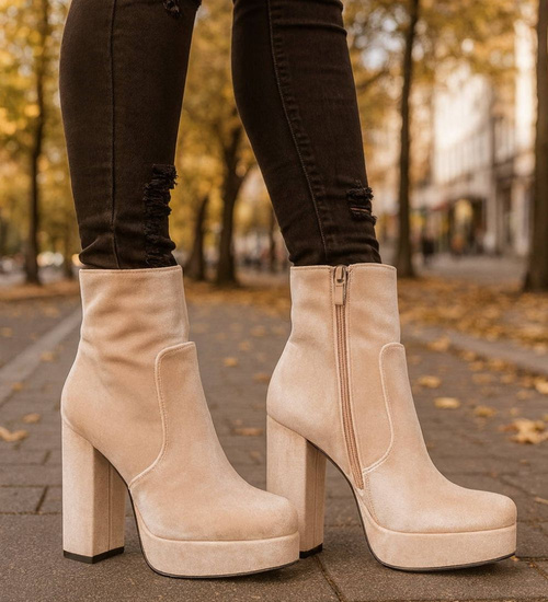 Welurowe beżowe botki damskie na platformie /i4-2 H2 18390 G284/