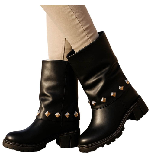 Czarne wysokie botki damskie na klocku /J6-4 18598 T177/