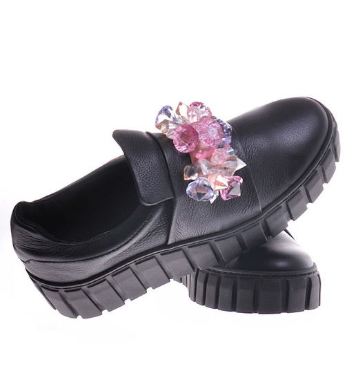 Czarne skórzane damskie trampki creepersy /B5-1 11692 N0200/