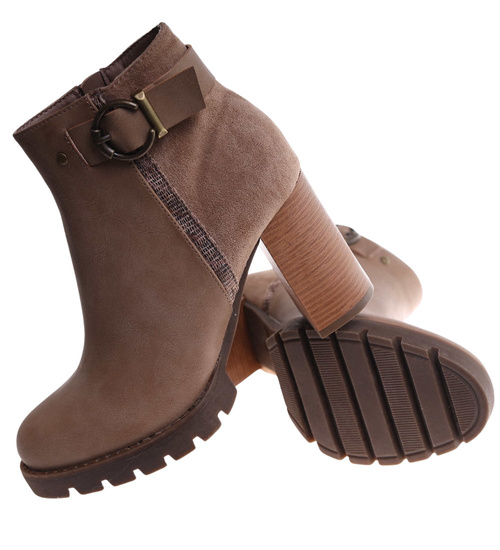 Jesienne botki damskie na obcasie słupku Khaki /J5-4 H2 18211 W301/