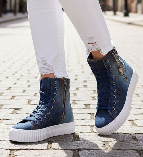 Jeansowe trampki na platformie Granatowe /A3-2 14830 T293/