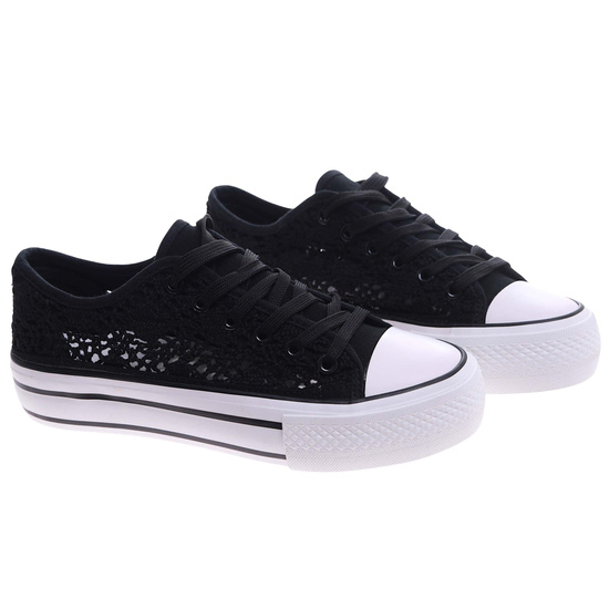 Koronkowe czarne trampki damskie na platformie /E9-2 17466 H2 G230/