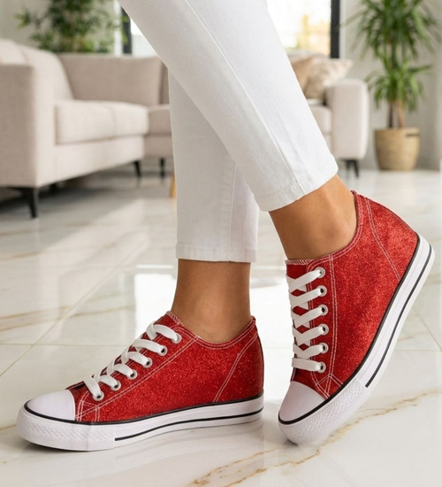 Czerwone wiązane trampki sneakersy na niskim koturnie /F6-3 13522 T8-6/