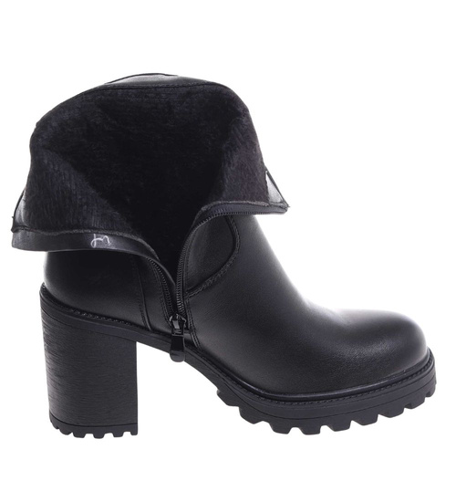 Czarne botki zimowe na grubym obcasie /E8-1 18558 G388/