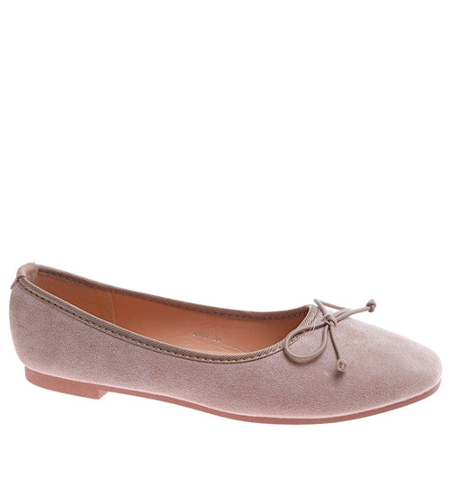 Zamszowe baleriny damskie z kokardą Ciemno beżowe /A9-2 17546 G133/