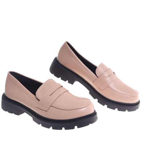 Beżowe półbuty loafersy damskie na platformie /H2 18628 W147/