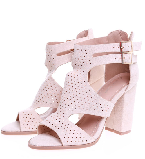 Beżowe damskie sandały na słupku /G13-1 15927 T783/