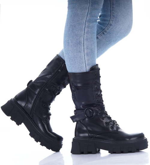 Wiązane glany trapery na platformie Czarne /B3-1 17018 T312/