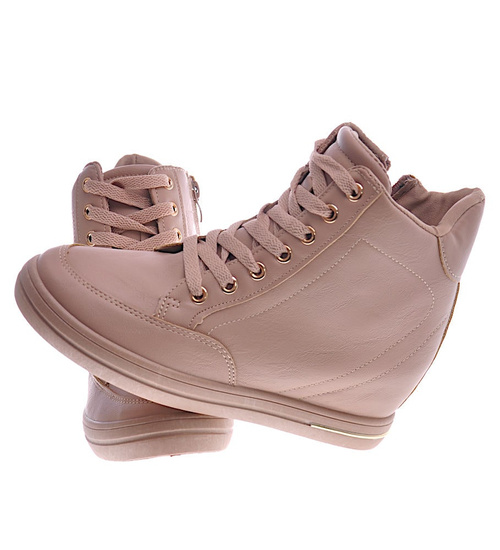 Beżowe sneakersy damskie na koturnie /B6-2 12824 T796/
