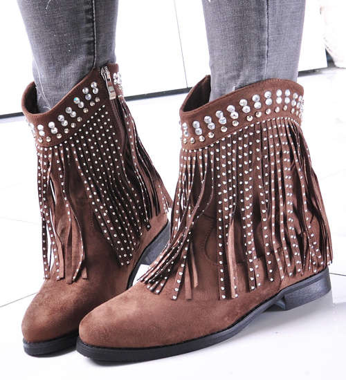 Botki boho na niskim koturnie Khaki /A8-3 12873 T583/