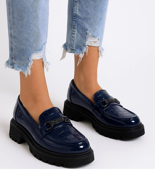 Granatowe półbuty loafersy na platformie /G1-3 15445 T284/