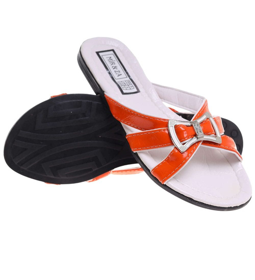 Pomarańczowo białe klapki na płaskim obcasie /H2 14340 T005/