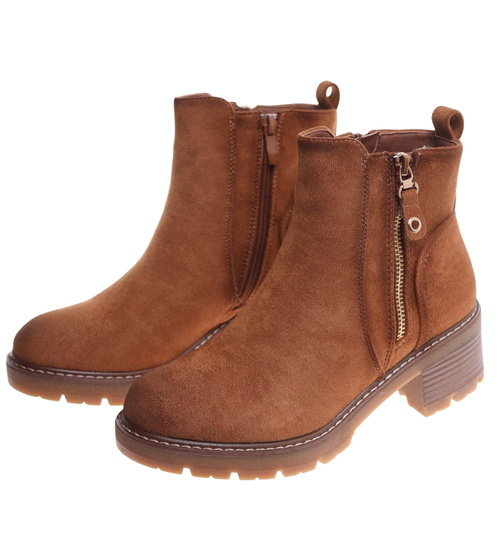 Karmelowe botki damskie na grubym obcasie /F10-2 18245 W477/