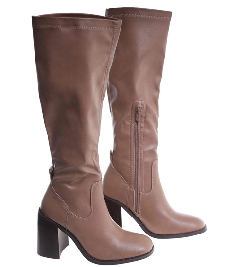 Klasyczne kozaki na obcasie khaki lekko ocieplane /F8-1 18521 T433/