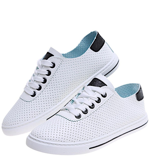 Ażurowe sznurowane biało czarne tenisówki damskie /E2-2 16241 G282/