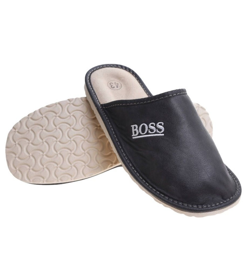 Skórzane kapcie męskie na prezent Boss Szary /E3-1 7890 S197/