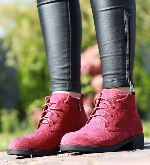 Bordowe botki damskie z wiązaniami /D8-2 9627 S491/