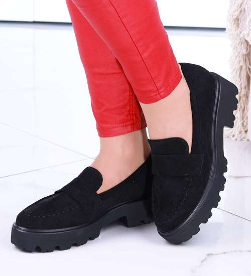 Wsuwane czarne loafersy damskie na niskim obcasie /G13-3 14651 T599/