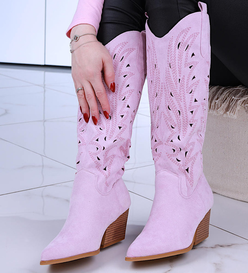 Ażurowe kozaki damskie na obcasie Fioletowe /B1-2 14753 T108/