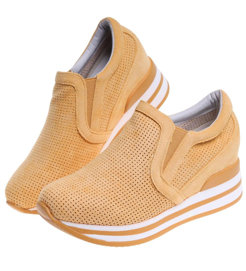 Ażurowe żółte sneakersy na koturnie /G5-3 18046 T183/