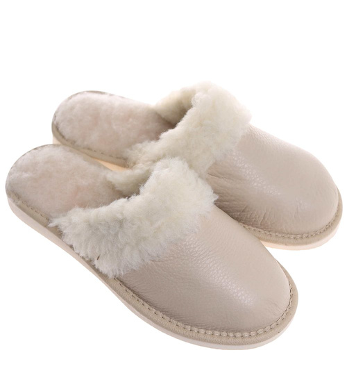 Skórzane beżowe kapcie damskie z wełną /D3-1 18465 S196/