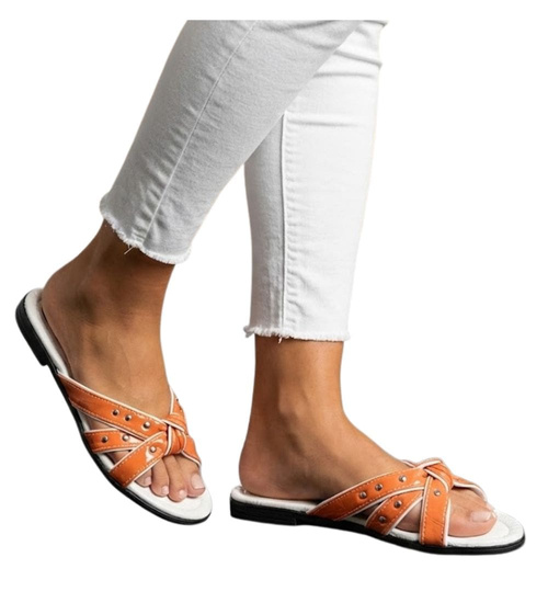 Pomarańczowo białe klapki na płaskim obcasie /H2 14337 T005/