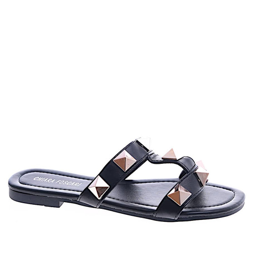 Czarne płaskie klapki damskie z piramidkami /A8-3 13553 T191/