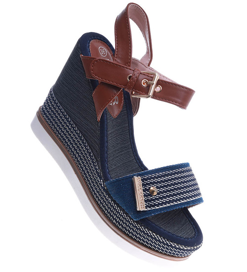 Granatowe damskie sandały na obcasie i platformie /B7-3 14078 S299/