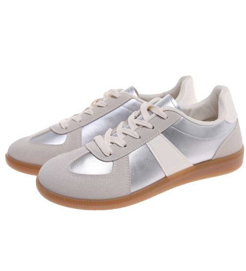 Beżowo srebrne sznurowane sneakersy /G8-1 18727 T177/