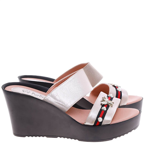 Złote klapki damskie na koturnie i platformie /E2-3 16291 S230/