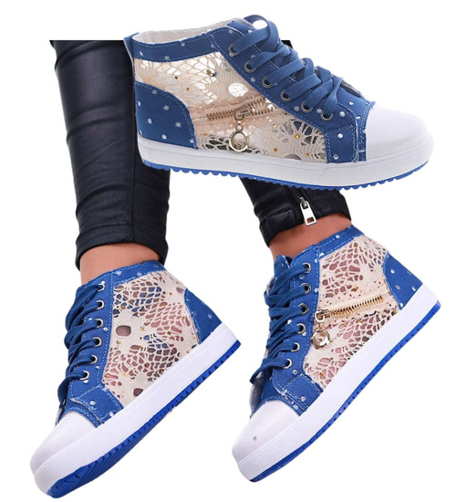 Sznurowane ażurowe trampki damskie Granatowe /D5-2 13278 S190/