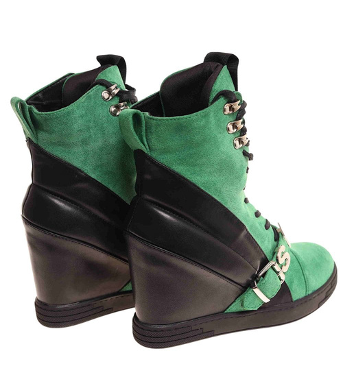 Sznurowane zielono czarne trampki sneakersy koturnie /F8-3 18060 T284/