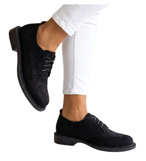 Czarne półbuty oxfordy damskie sznurowane zamszowe /D8-1 18701 T155/