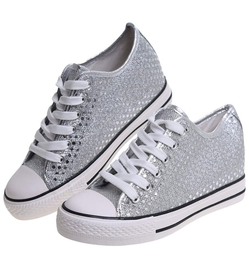 Wiązane srebrne trampki na koturnie /A10-2 16548 G8-61/