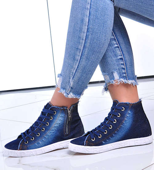 Jeansowe trampki z wysoką cholewką granatowe /C6-2 12441 T296/